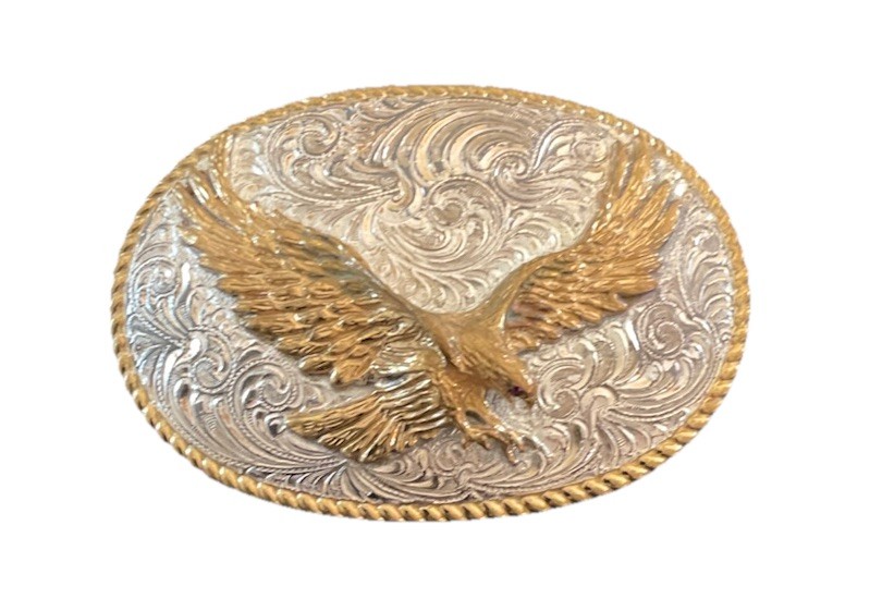 Vtg El Artup Crumine Bronze Oval Silver/ Gold Eagle Belt Buckle 3.75 X 2.75