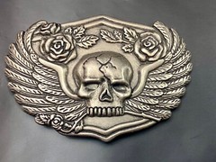 Skull With Wings Bones And Flowers Silver Color Metal Cutout Belt Buckle