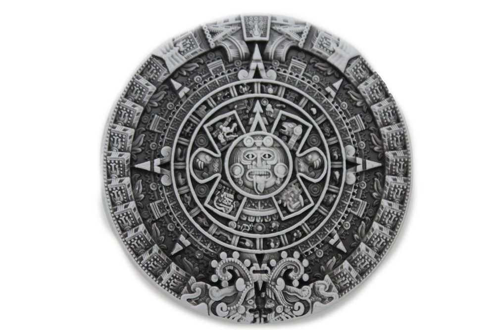 Men Women Casual Belt Buckle Silver Metal Western Fashion Aztec Calendar Mayan