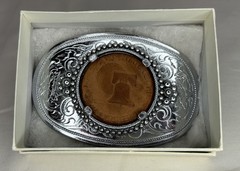 Oval Belt Buckle Filigree Liberty Bell Leather Inlay Western Ranch Americana