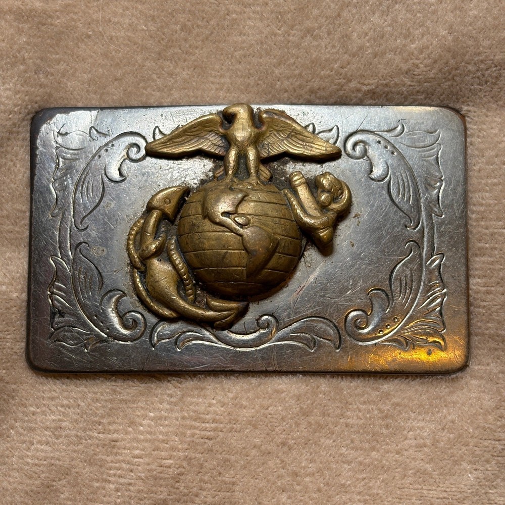 Vintage USMC Marine Corps Eagle Globe Anchor Trench Art Belt Buckle Brass