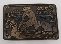 VTG Belt Buckle Solid Brass Western Cowboy Miner Gold Panning CDC Metalworks USA