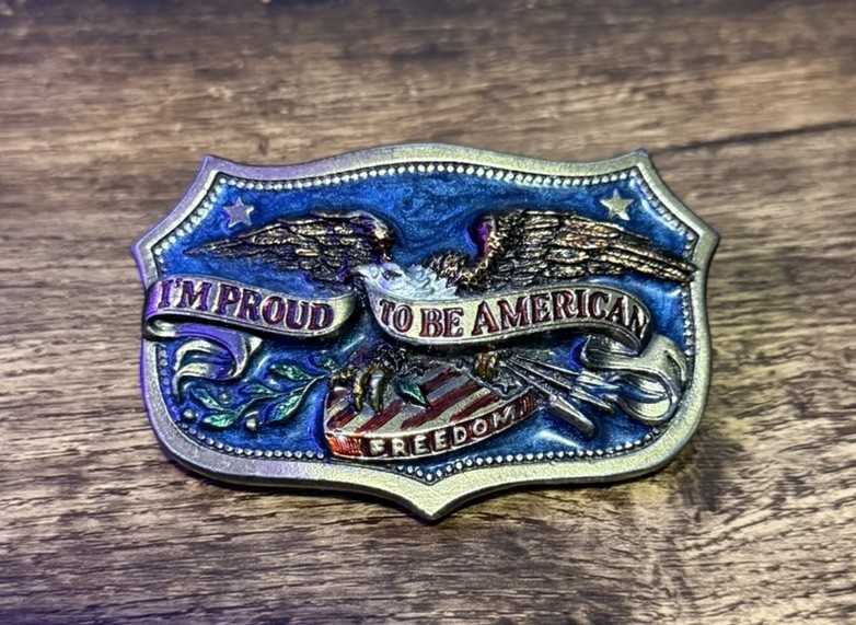 Vintage 1984 Great American Products Metal Belt Buckle “I’m Proud To Be American