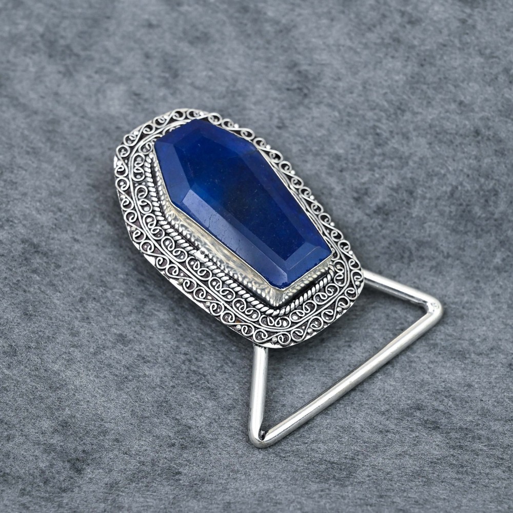 Blue Sapphire Faceted Coffin Cut Belt Buckle For Men Handcrafted Artisan Buckle