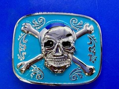 Jolly Roger Pirate Skull Head & Crossbones Blue Enamel Colored New Belt Buckle