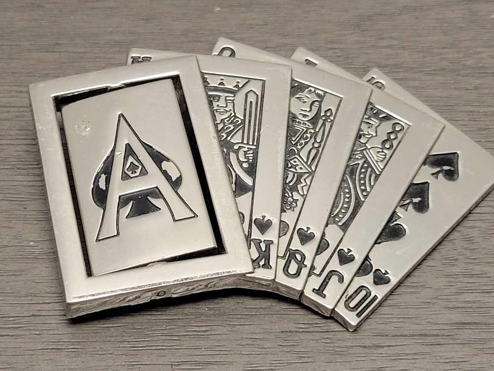 Belt Buckle Poker Royal Flush with Revolving Ace, Metal, Westside CA