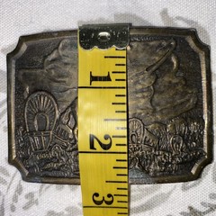 Vtg brass belt buckle western pioneer wagon trail cowboy horse approx 3.5&Prime;x2.5&Prime;