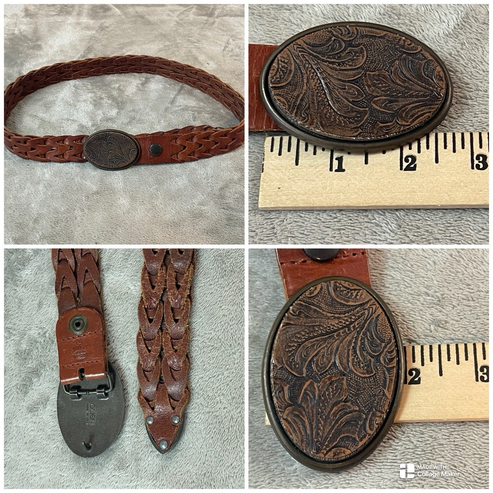 Mens Oden floral Leather Tooled Belt Buckle W/ Brown Leather Braided Belt
