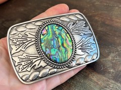 Abalone Shell Belt Buckle Engraved Silver Turquoise Inlay Fits 1.5 Inch Belt