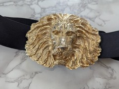Vintage Lion Head Oversize Gold Metal Belt Buckle Elastic Fashion Belt 80&rsquo;s 90&rsquo;s