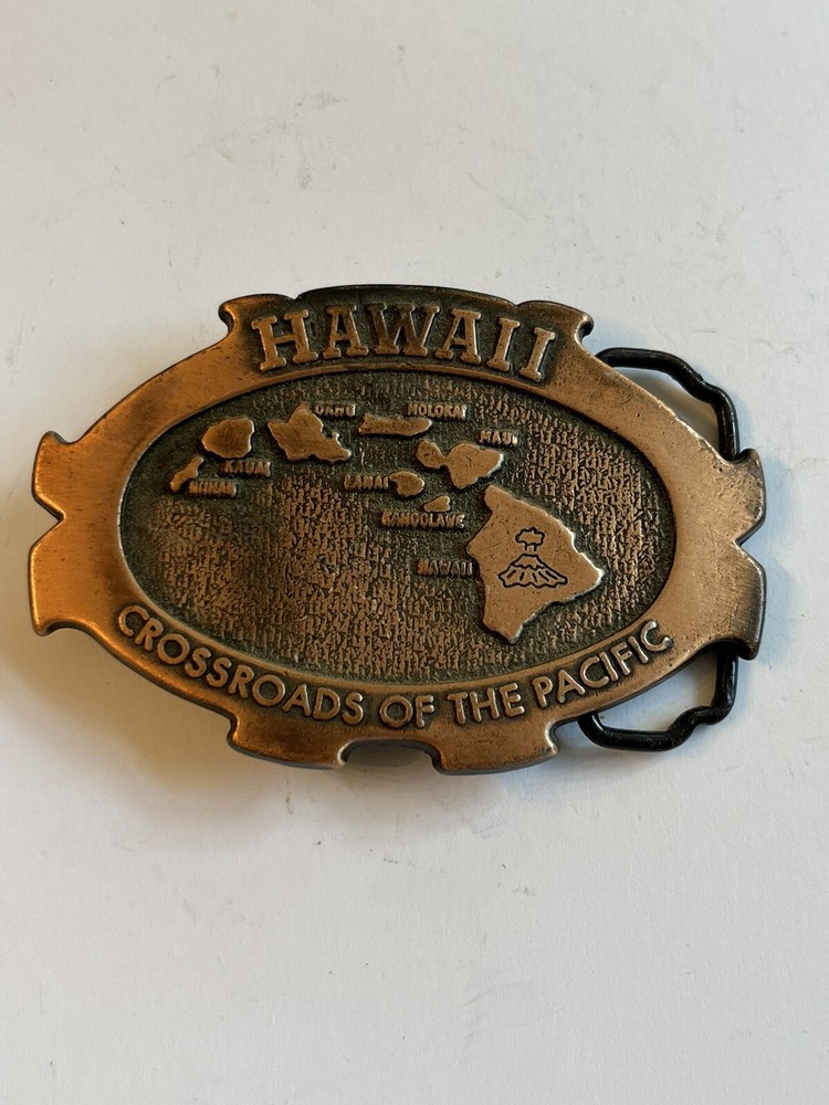 VINTAGE🇺🇸HAWAII CROSSROADS OF THE PACIFIC BELT BUCKLE 〰️MADE IN CANADA〰️👀