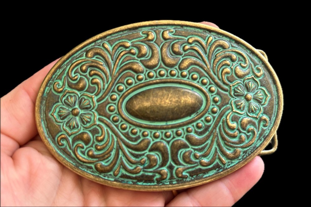 Antique Turquoise Brass Belt Buckle Oval Engraved Western Cowgirl Style