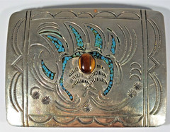 Navajo CK belt buckle bear claw stamped turq inlay cat&rsquo;s eye cab 3&Prime; by 2 1/4&Prime;