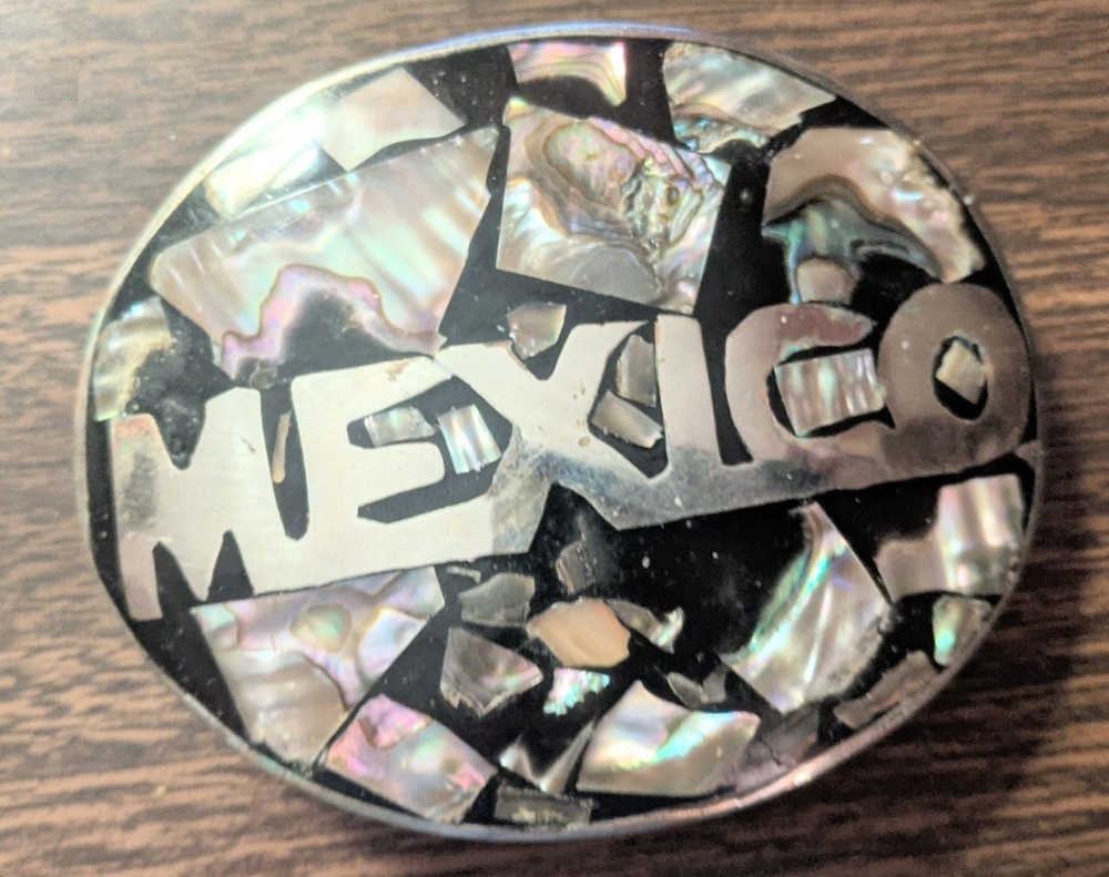 Vintage Abalone Shell MEXICO Belt Buckle Mother of Pearl Alpaca Silver