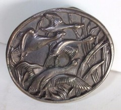 Flying Ducks/Geese Belt Buckle By Wyoming Studio Art Works Pewter Oval Smaller