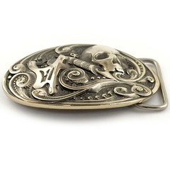 German silver belt buckle tattooist with skull, Tattoo machine, Skull buckle