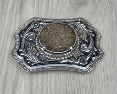 Vtg 1923 Peace Silver Dollar Coin Belt Buckle Engraved Scrollwork Western Cowboy