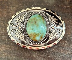 Turquoise Stone Belt Buckle Engraved Brass Western Cowboy Rodeo Style