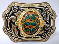 Belt Buckle Gold Color Trim With Oval Brown Green Center