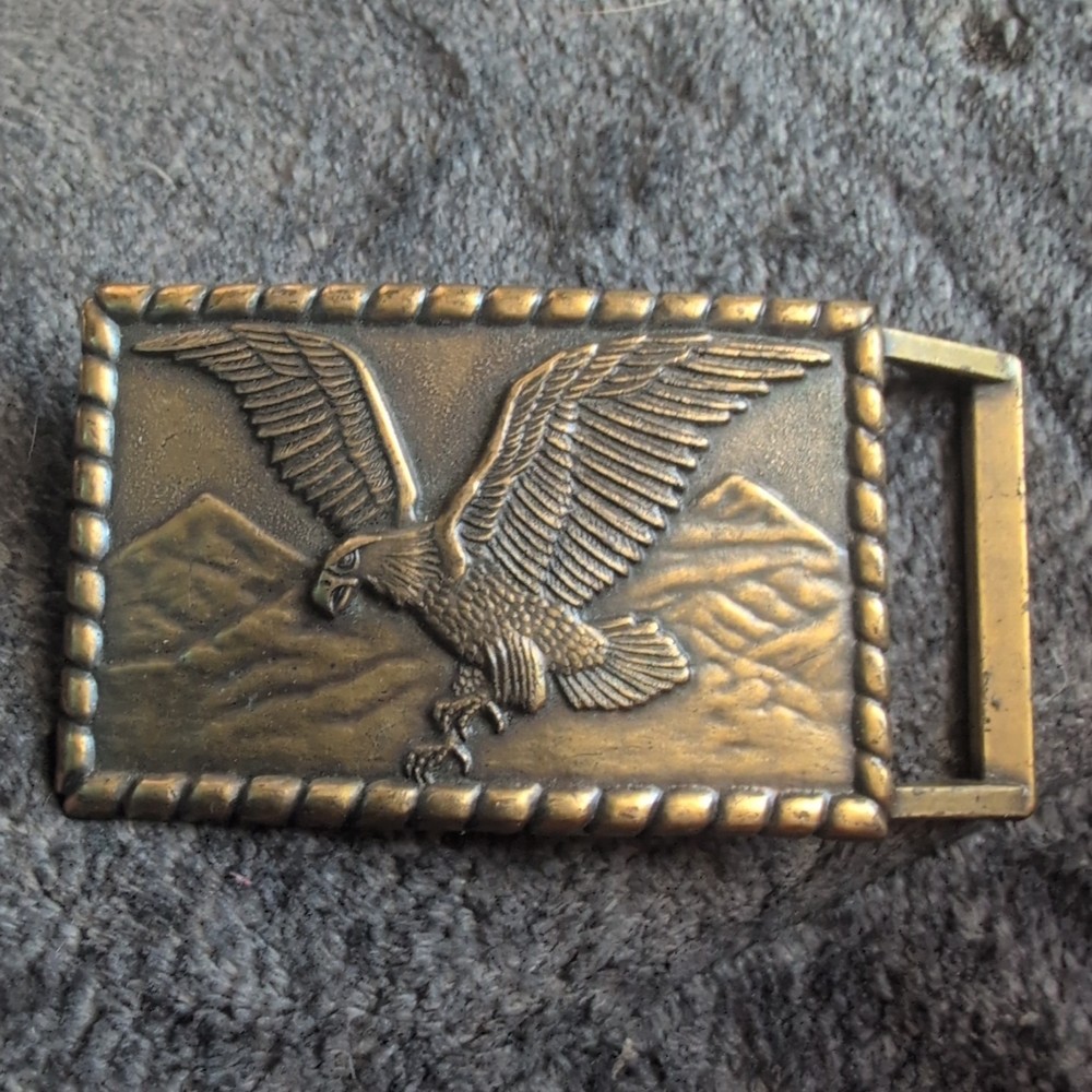 Vintage Bronzy Brass Belt Buckle American Bald Eagle & Mountains Marked Japan