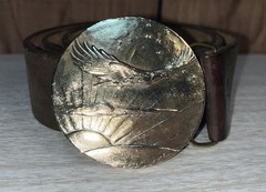Vtg Belt Buckle & Belt America Eagle Sun Rise Stars Bergamot Size 35