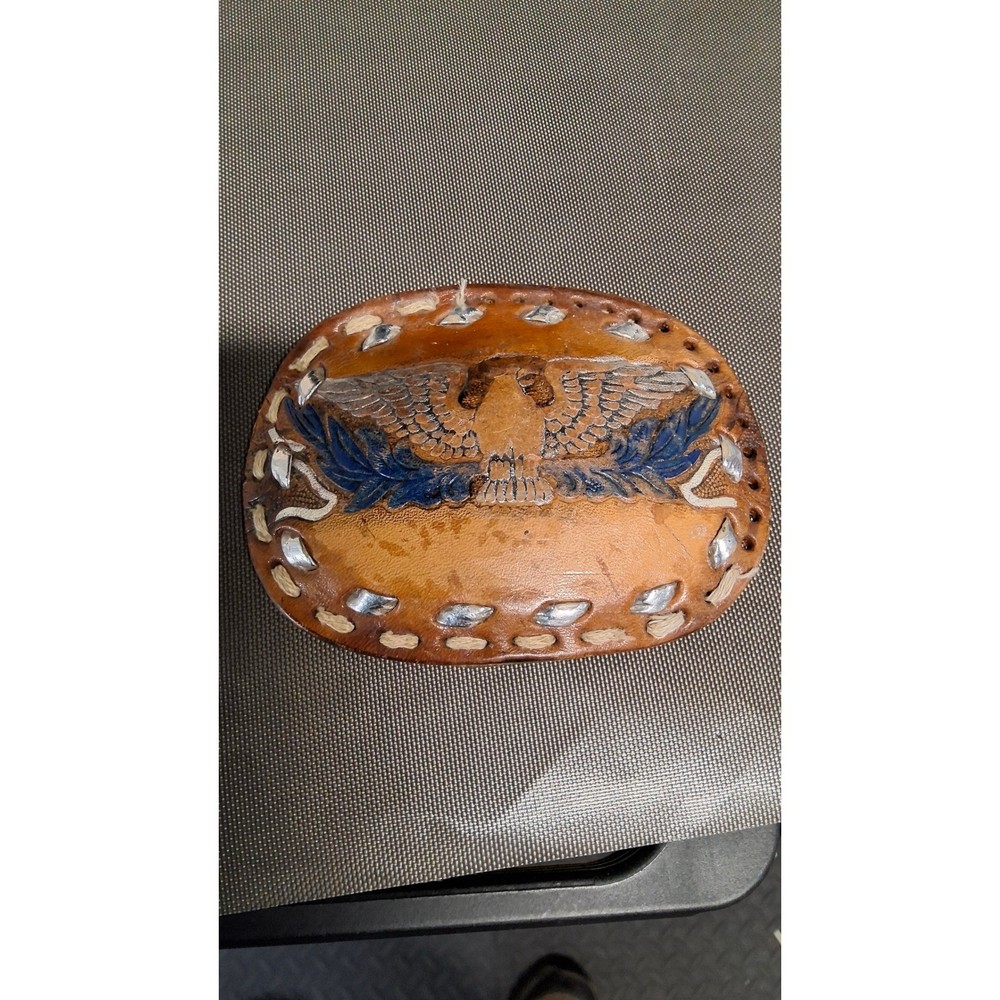 Vintage Hand Tooled Leather Eagle Belt Buckle Western Americana Brown Blue (SB2)