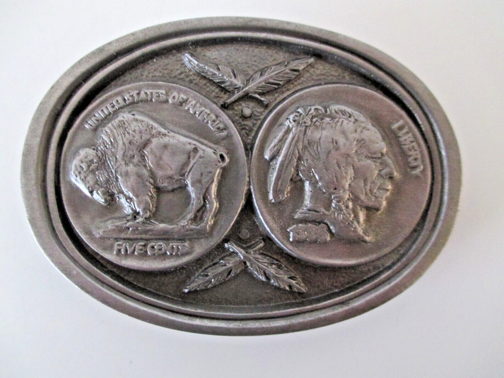 Buckles of America 3&Prime; INDIAN NICKEL BUFFALO COIN BELT BUCKLE BA-107 PEWTER AZ24