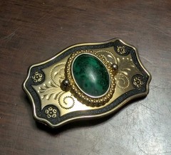 Vtg Southwestern Emerald Green Gem Stone Gold Tone With Black Belt Buckle