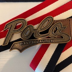 Polo Ralph Lauren Striped Canvas Leather Belt Script Logo Buckle Red White Blue