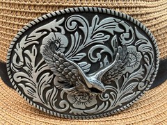 Antiqued Silver Eagle Oval Western Cowboy Floral & Vine Belt Buckle