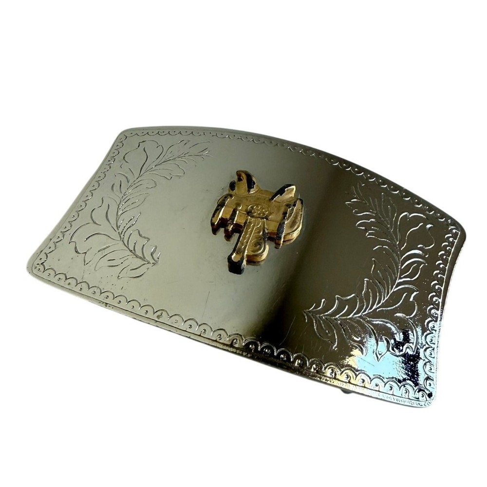 Western Saddle Belt Buckle Nickel Plated Hand-Polished Cowboy Americana