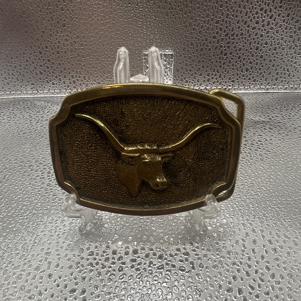 Vintage Solid Brass Longhorn Steer BTS Belt Buckle 3&Prime; x 2&Prime; Made in USA