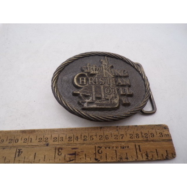 Vintage King Christian Hotel St Croix Belt Buckle Brass Tone Ship Crown Nautical
