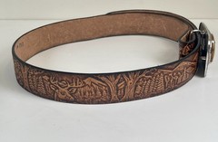 Vtg Tooled Leather Western Belt & Brown Stone BUCKLE 30/34 Small Deer Woods USA