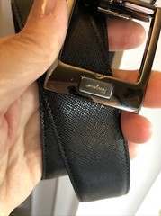 Salvatore Ferragamo Gun Metal tone Rectangle Buckle black leather belt