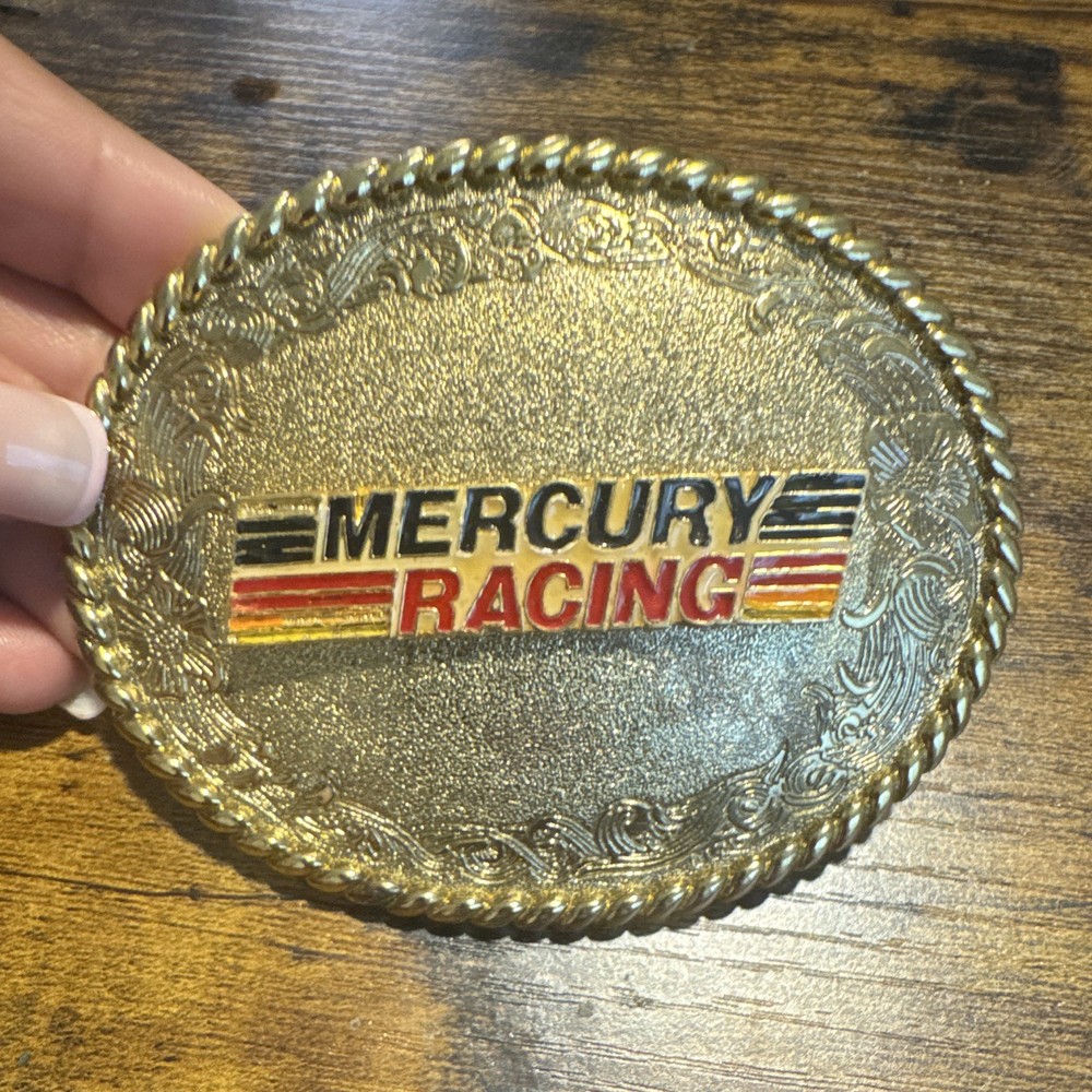 Mercury Racing Gold Tone Metal Oval Plate Belt Buckle Embossed Logo Vintage