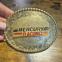 Mercury Racing Gold Tone Metal Oval Plate Belt Buckle Embossed Logo Vintage