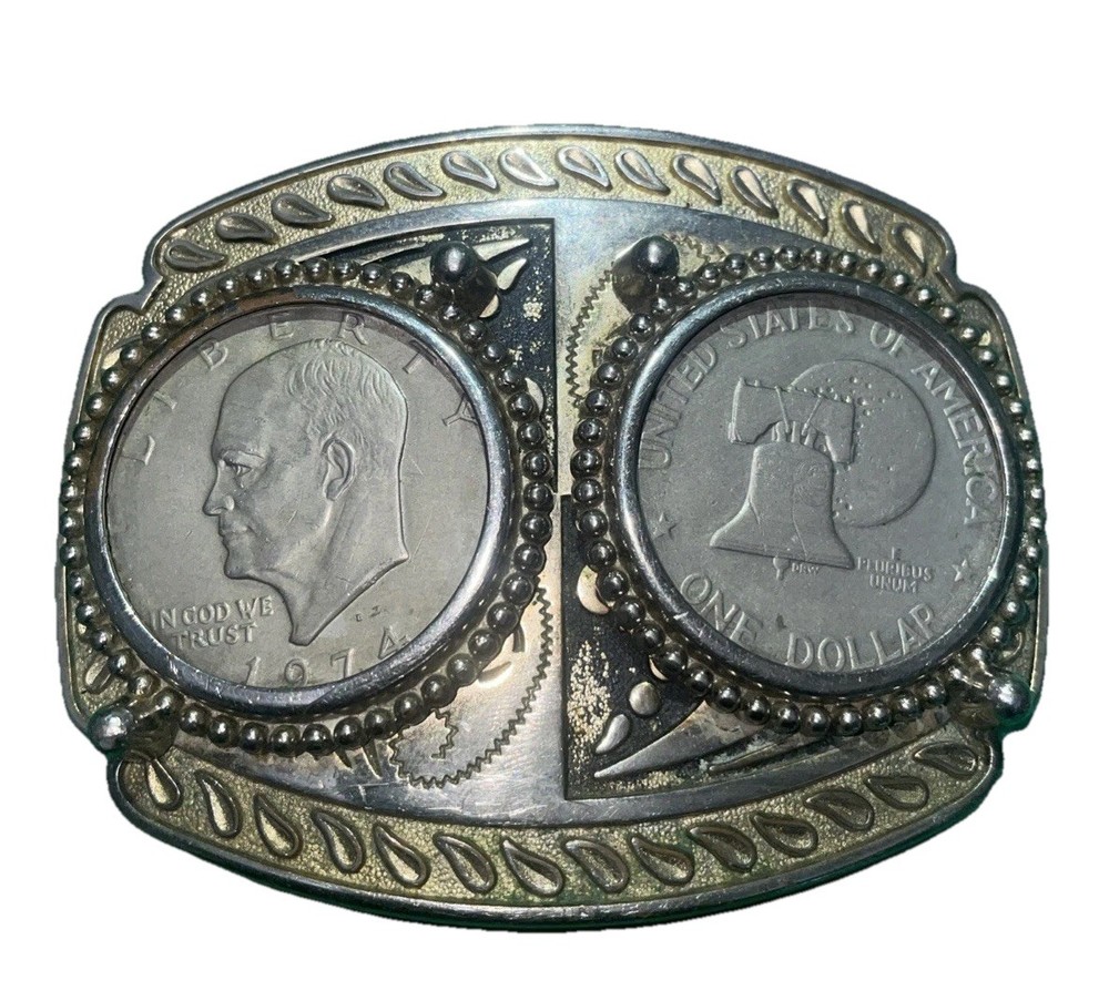 DOUBLE SILVER DOLLAR COINS BELT BUCKLE 1974