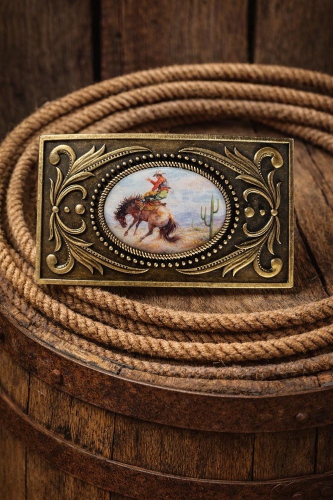 Cowboy Belt Buckle Bronco Horse Rider Rodeo Cactus Desert Western Gift for Him