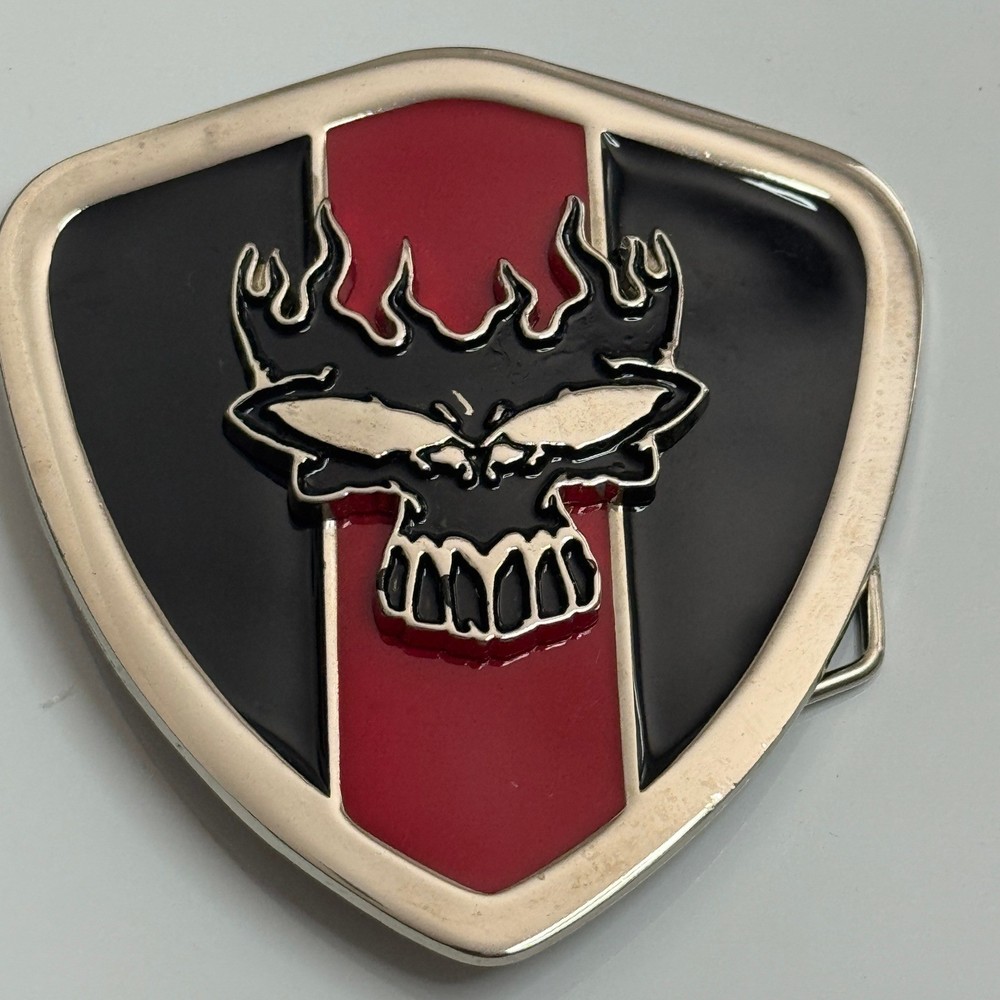 Skull Flames Shield Belt Buckle Silver Tone Red Black Metal