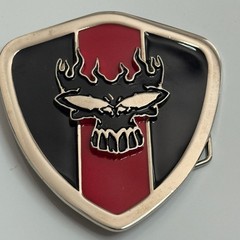 Skull Flames Shield Belt Buckle Silver Tone Red Black Metal
