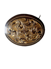 Western Belt Buckle 4.25 x 3.25 in Handcrafted Oval Engraved Brown Gold 2.25
