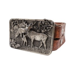 Vintage 80s Elk Family 3D Pewter Belt Buckle
