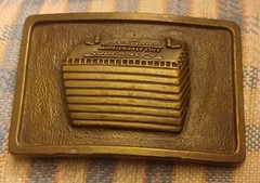 Vtg PRESTONE ROUGHNECK CAR BATTERY promo SOLID METAL BELT BUCKLE 3.75 X 2.5&Prime;