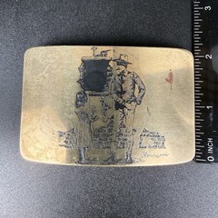 Vtg Remington Brass Belt Buckle Western Cowboy Ruins Girl Cat Etched Signed