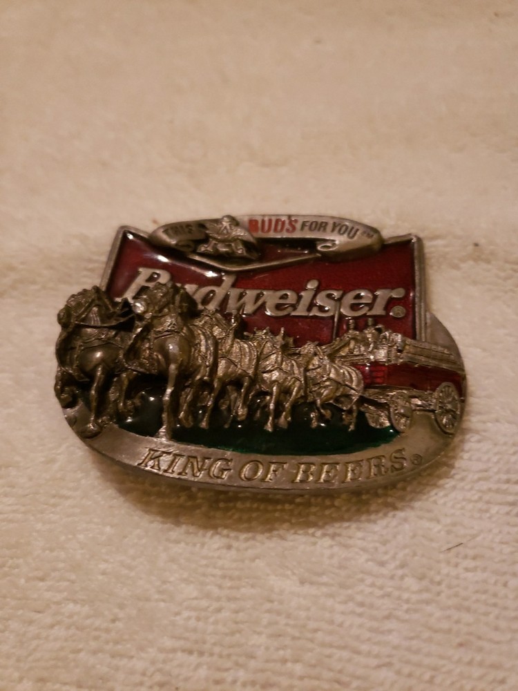 VINTAGE BUDWEISER BUCKLE CLYDESDALES KING OF BEERS EMBOSSED WAGON VGC