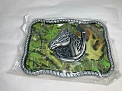 Horse Head Horseshoe Metal Belt Buckle Camo Green Background 3-7/8&Prime; x 2-7/8&Prime; NEW