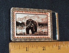 2 1/2&Prime; DRESS SIZE BELT BUCKLE W/COPPER & SILVER-PLATE GRIZZLY BEAR/SHORE SCENE