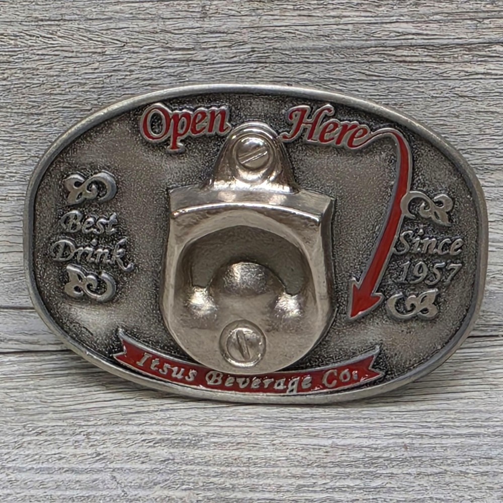 Jesus Beverage Co Belt Buckle Mens Silver Western Bottle Opener Logo Novelty