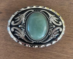 Sage Green Stone Belt Buckle Engraved Silver Western Cowboy Cowgirl Rodeo Style